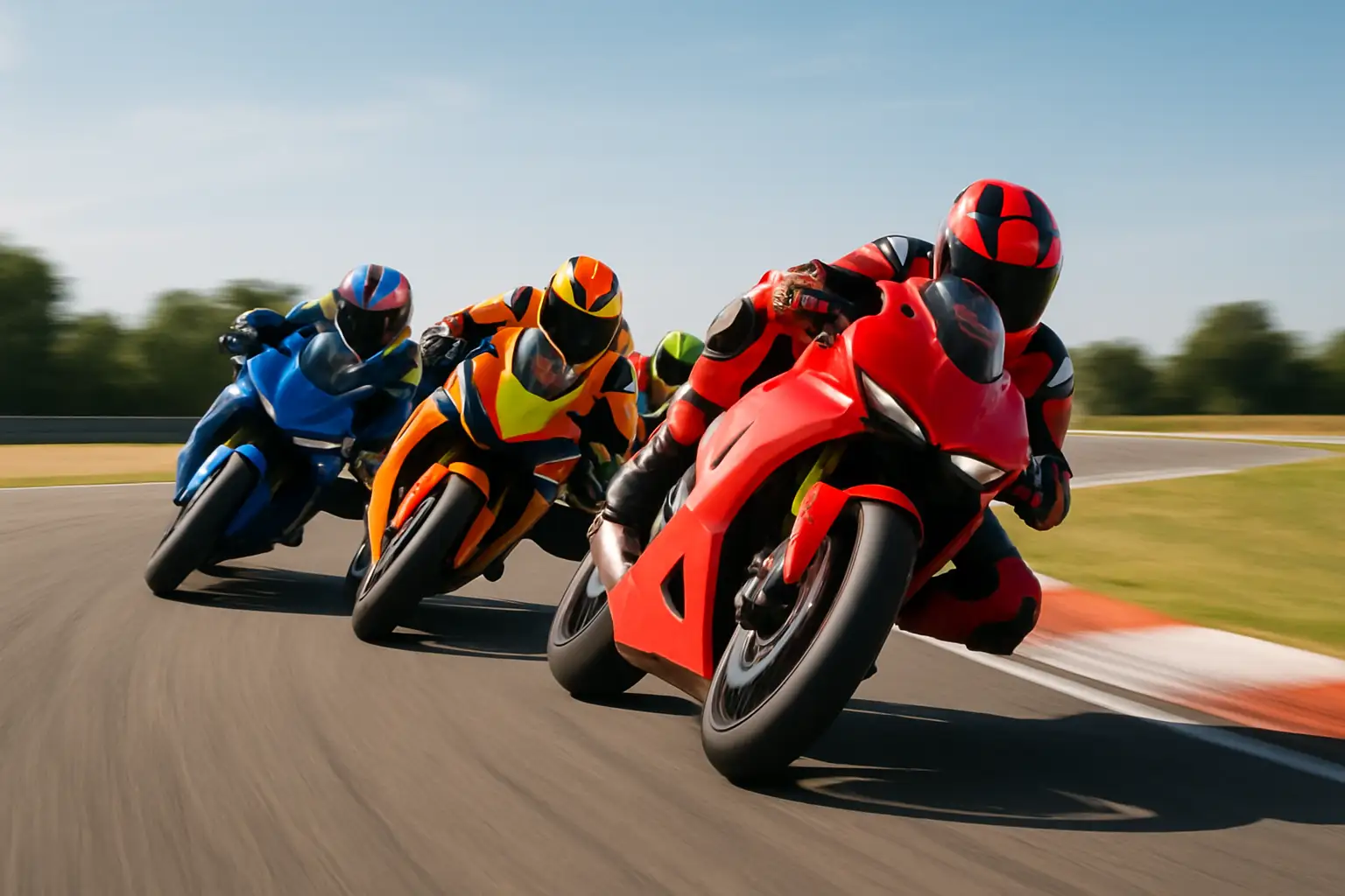 MotoGP riders battling side by side on a race circuit under bright afternoon light