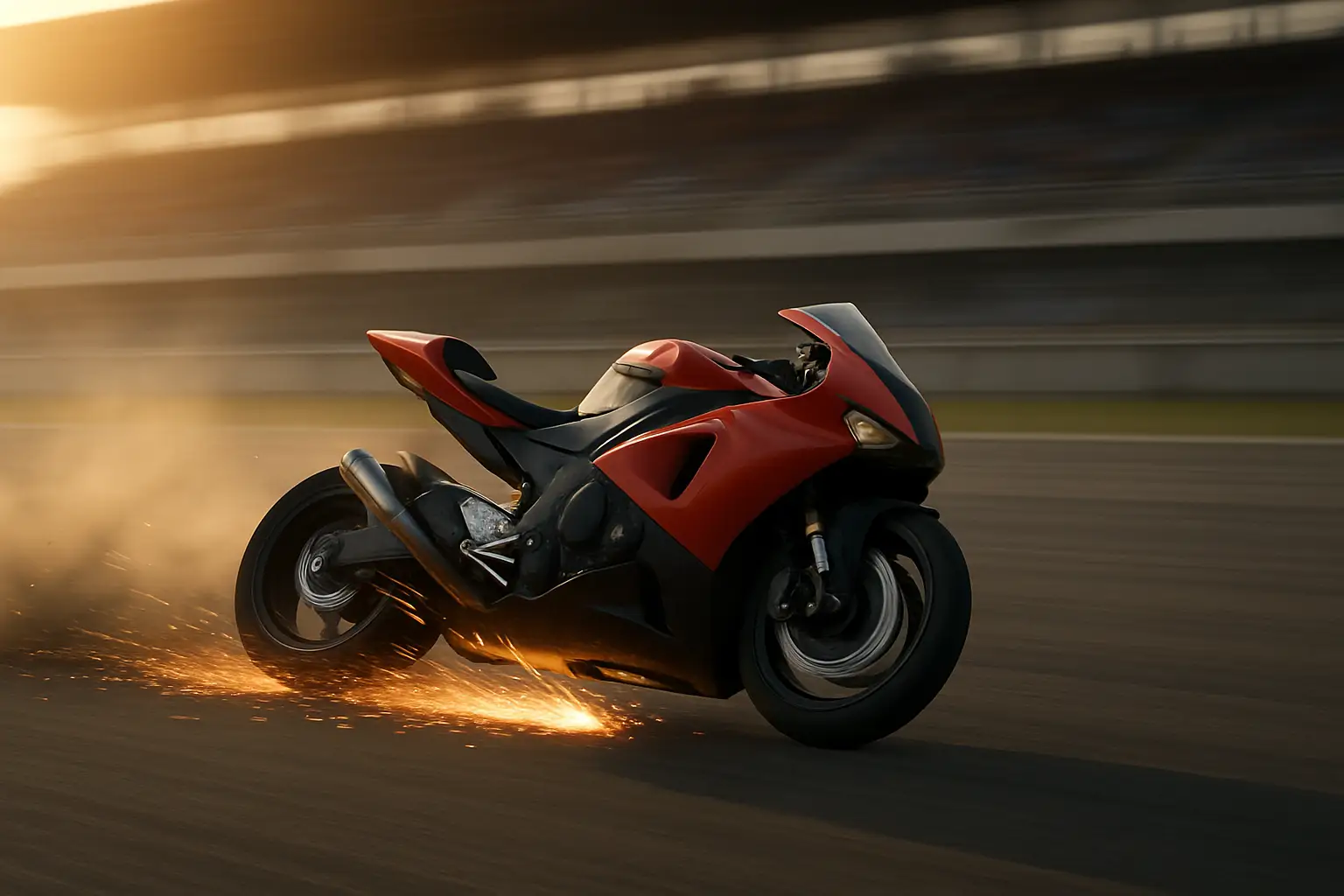 A MotoGP motorcycle sliding along a racetrack at high speed during a crash, with safety barriers visible in the background