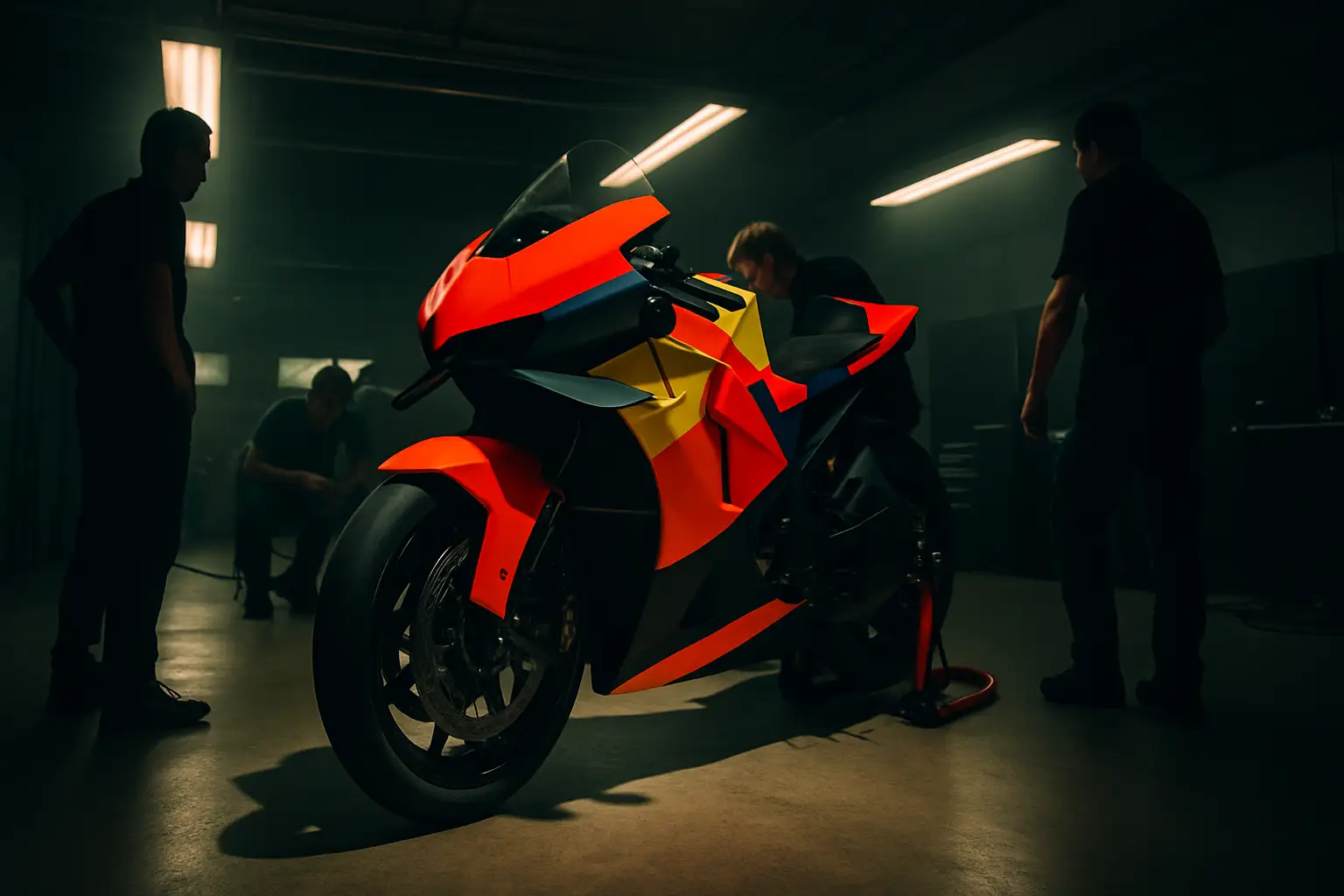 MotoGP pit lane with team mechanics and a racing motorcycle being prepared for a race weekend