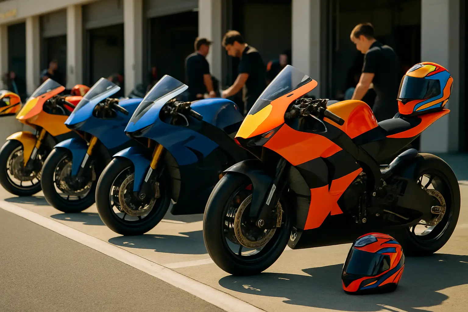MotoGP bikes lined up in the paddock under bright summer lighting