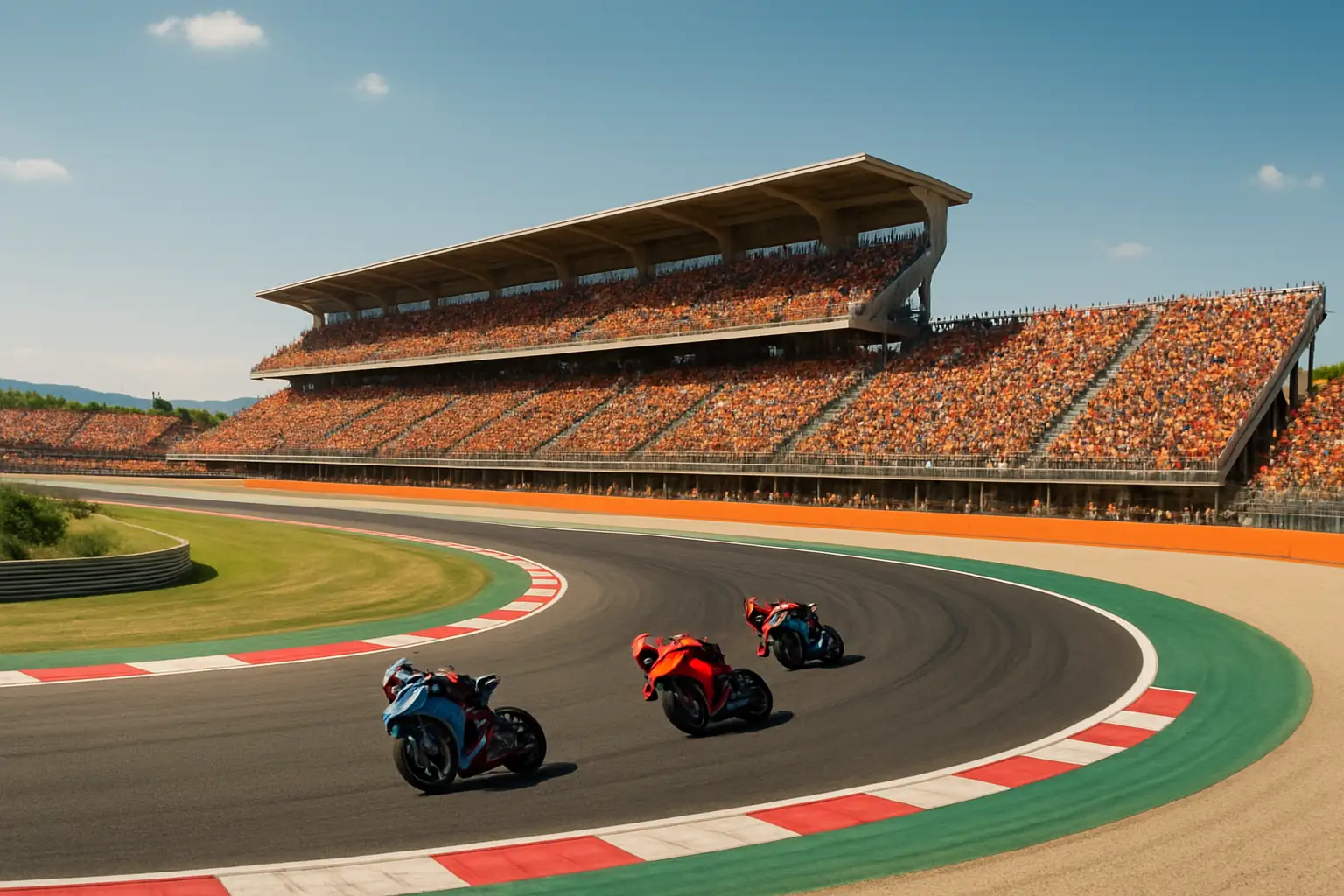 MotoGP motorcycles racing through a tight corner at Circuit Ricardo Tormo in Valencia