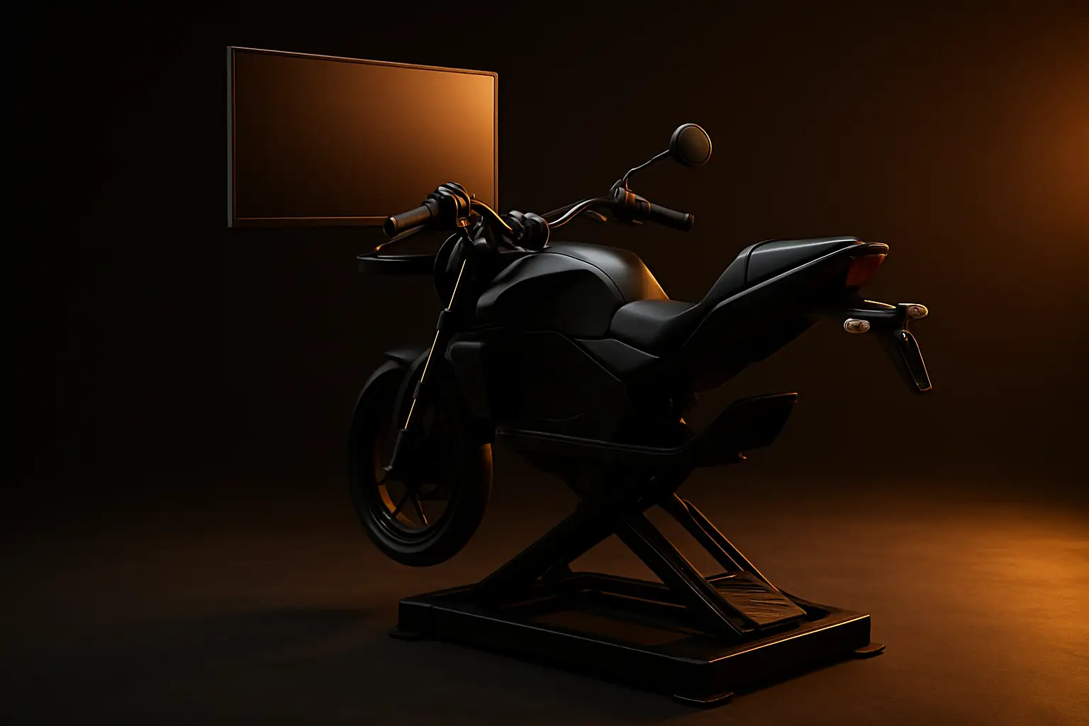 MotoGP sim racing cockpit with motorcycle-style handlebars and motion platform under studio lighting