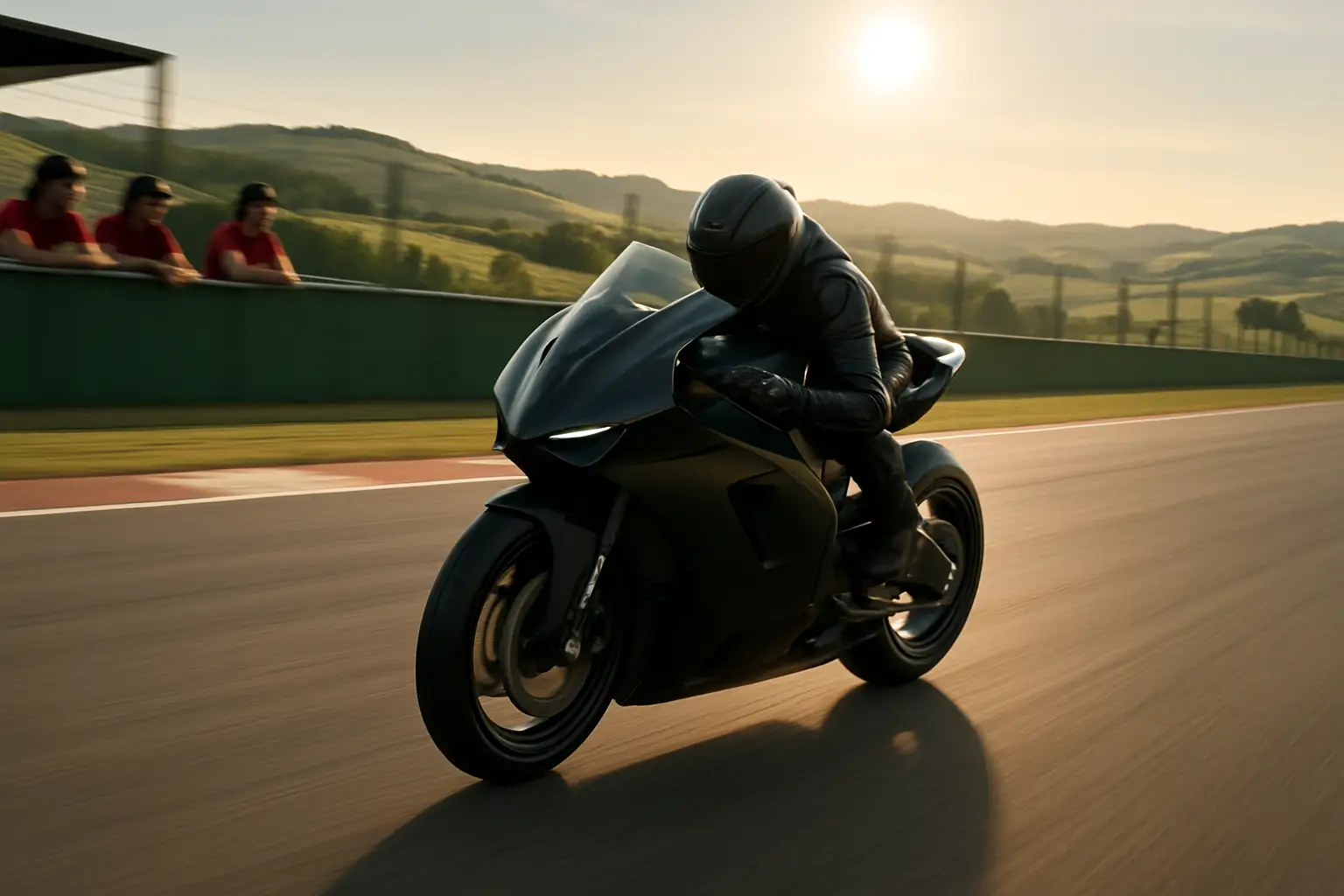 MotoGP motorcycle on track at Mugello circuit with grandstands in background