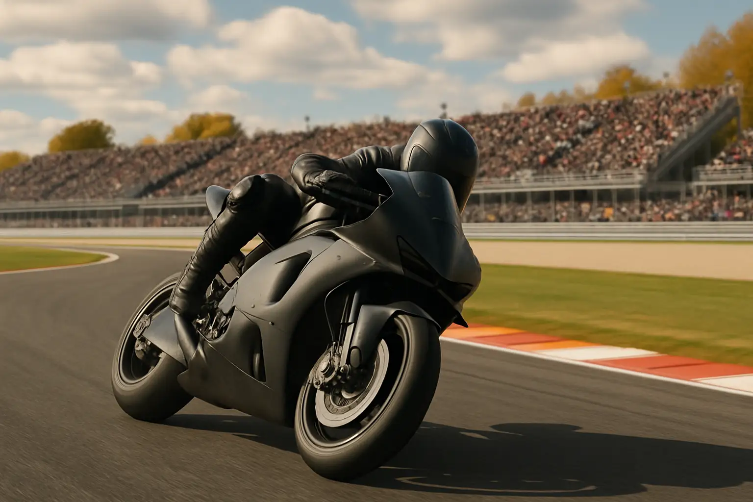 A MotoGP motorcycle leaning through a corner at a Japanese circuit with grandstands in the background