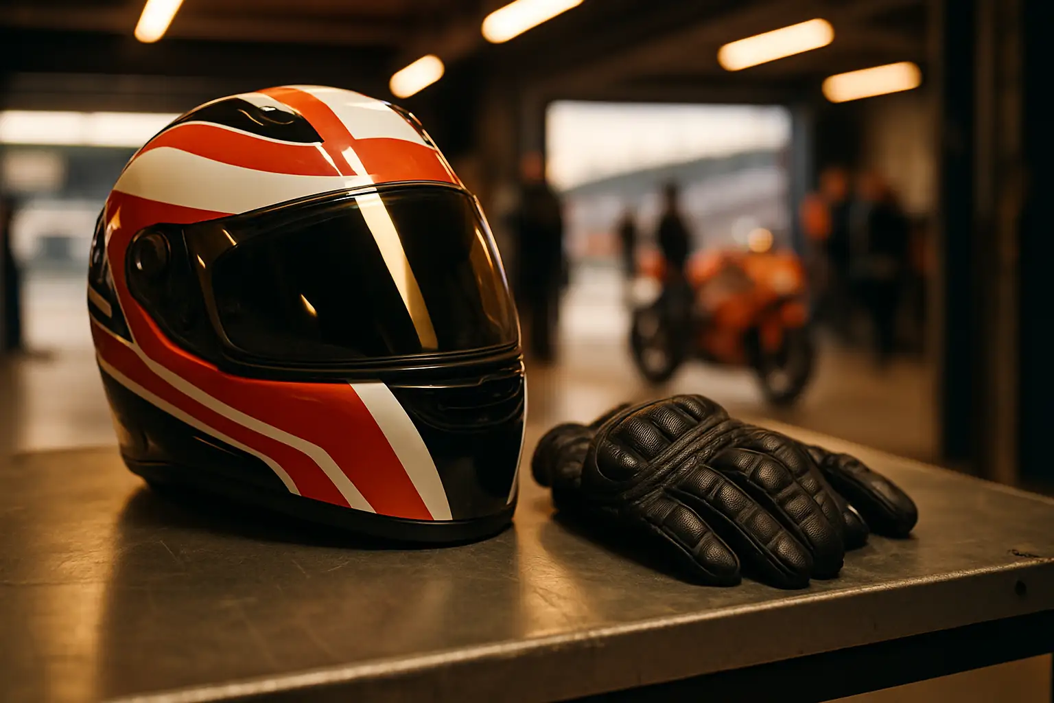 MotoGP racing helmet and gloves resting on a pit lane workbench under bright garage lighting