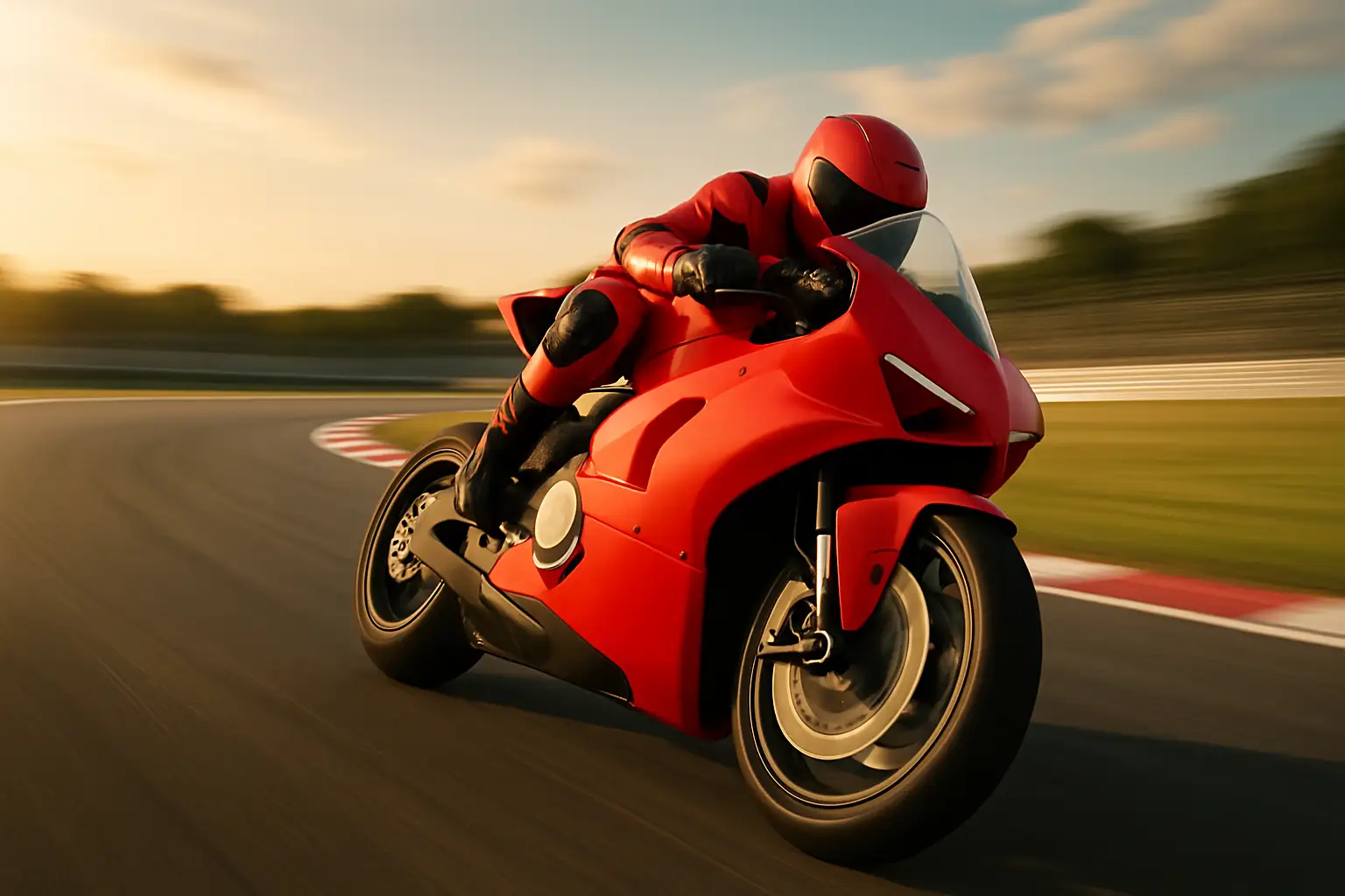 A MotoGP Ducati Desmosedici on track during a race weekend, leaning into a corner