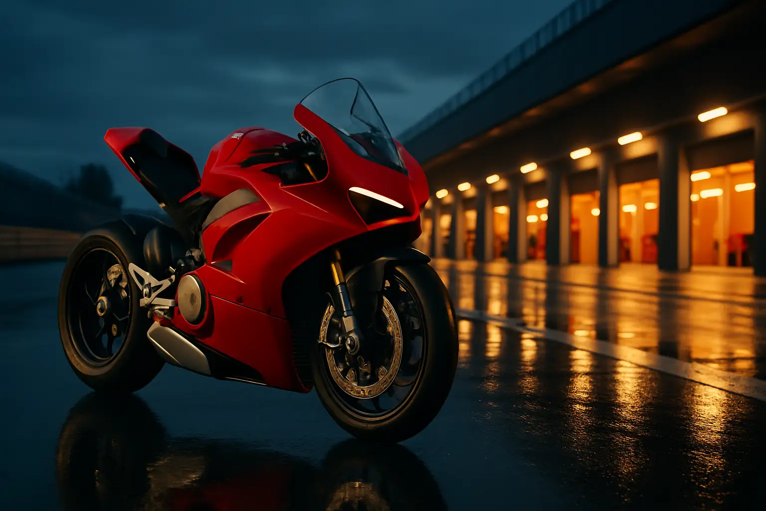 A MotoGP Ducati bike on a race circuit under dramatic lighting, with the pit lane visible in the background
