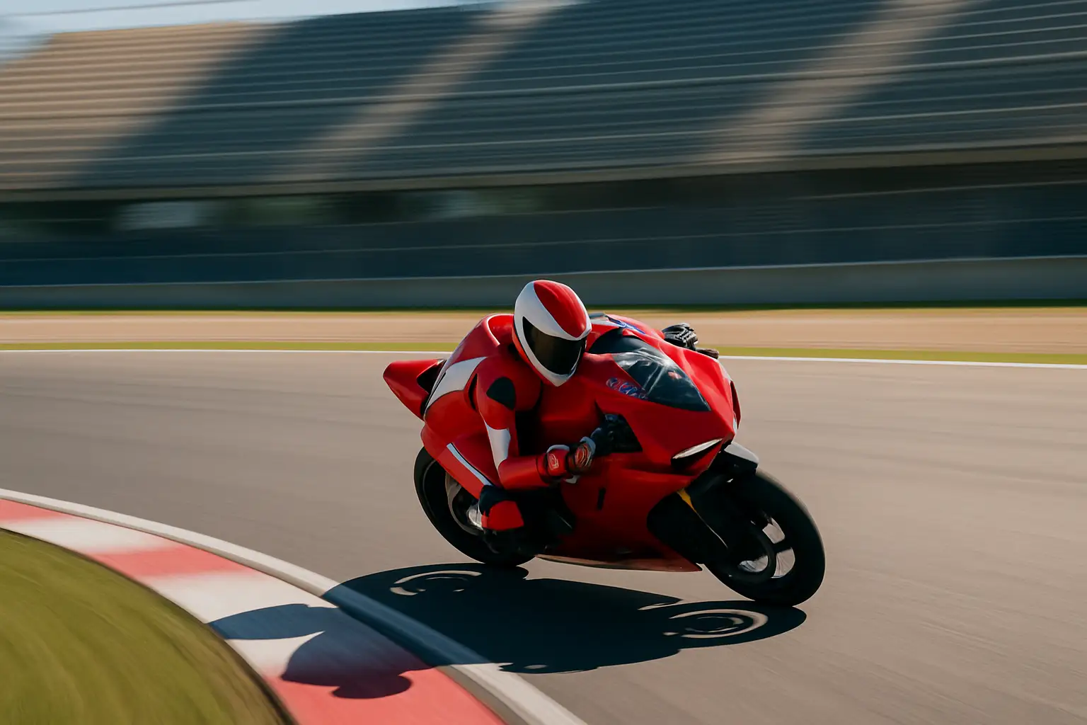 A motorcycle racer in full leathers and helmet leaning into a high-speed corner on a circuit