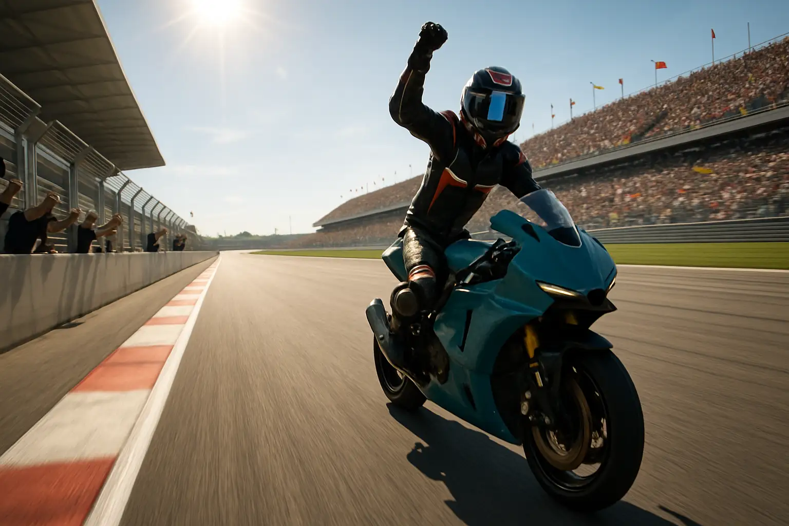 A motorcycle racer celebrating a victory on a Grand Prix circuit with a cheering crowd in the background