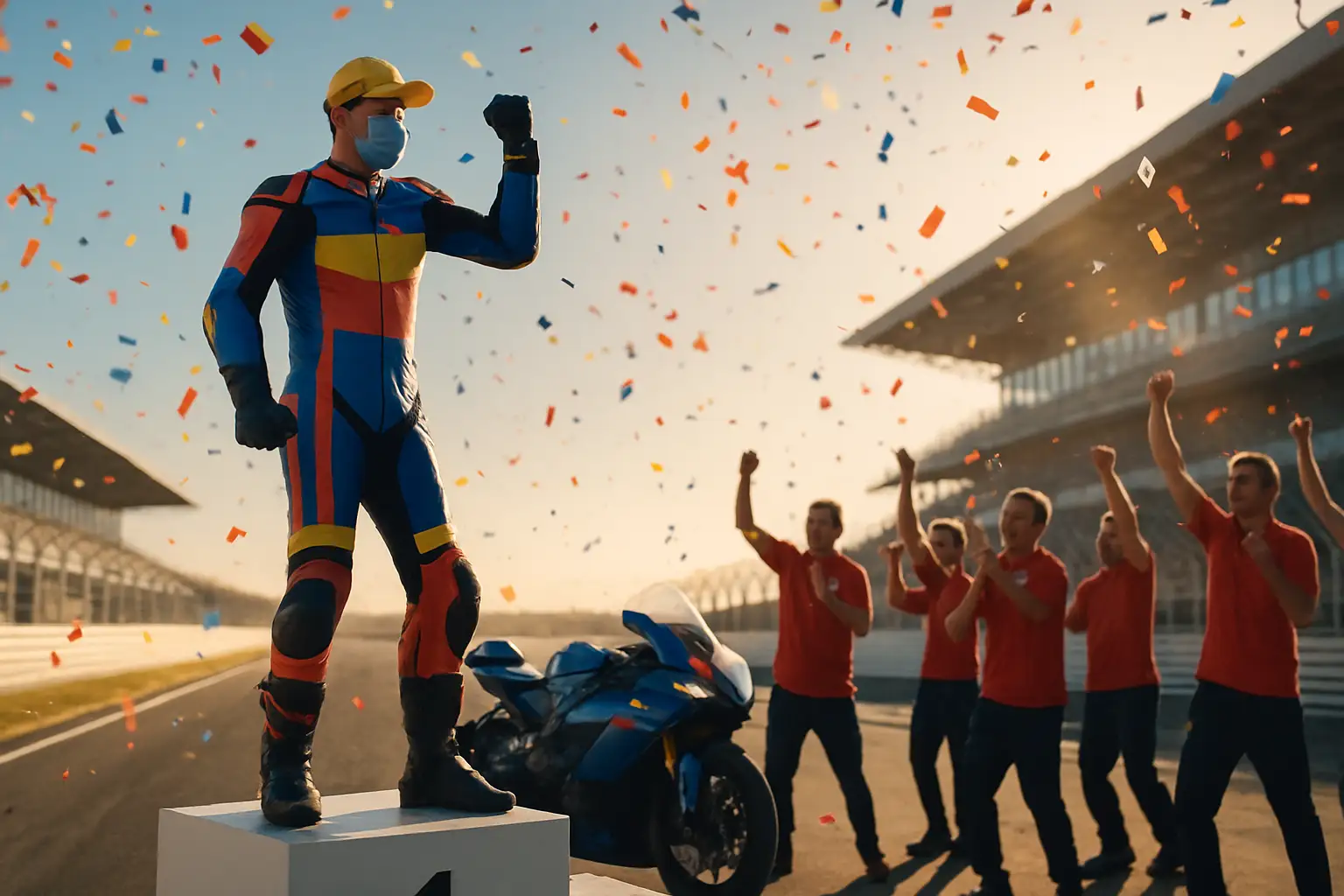 A motorcycle racer celebrates on the podium after claiming his first MotoGP victory