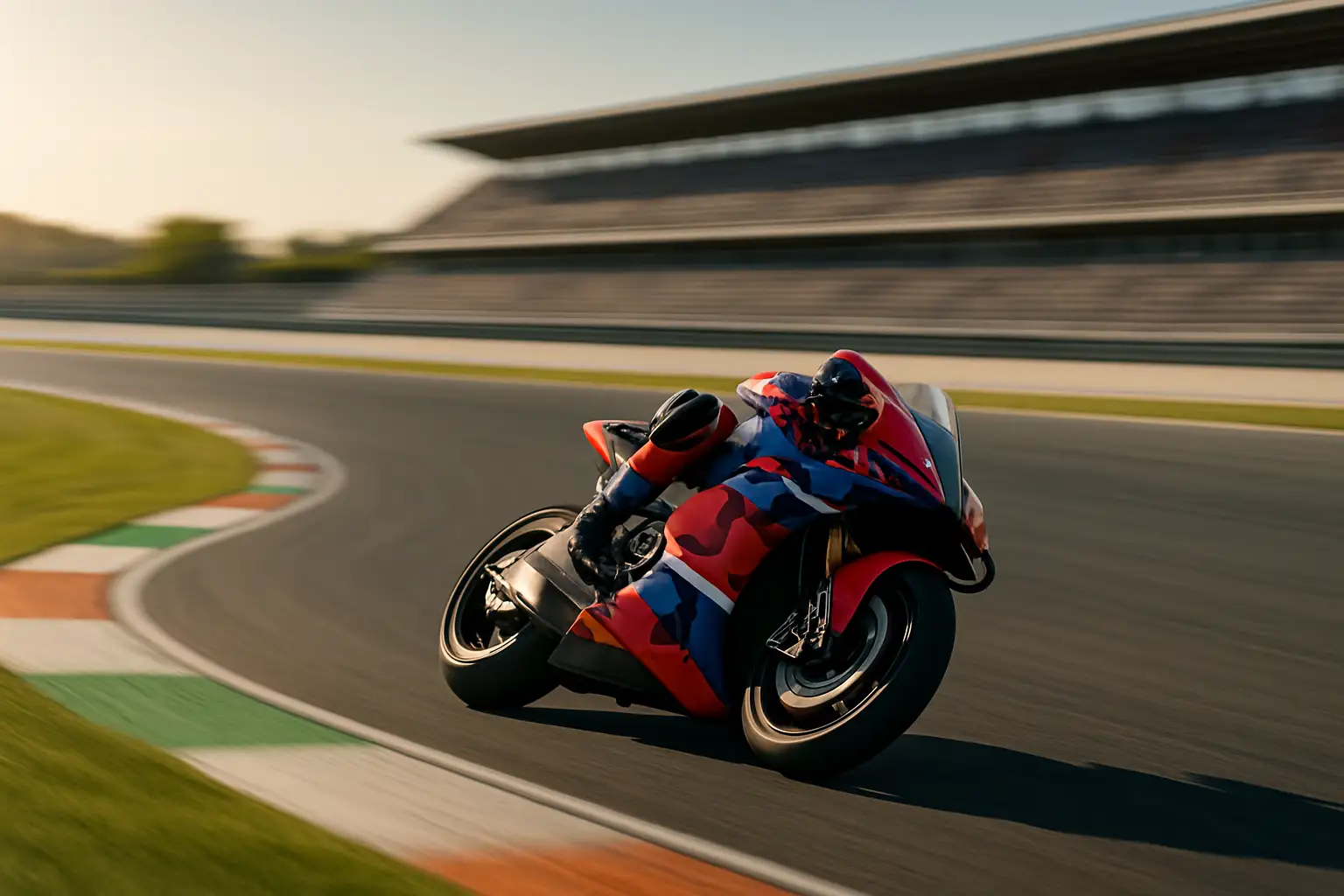 MotoGP motorcycle leaning through a sweeping corner at the Brno circuit during practice