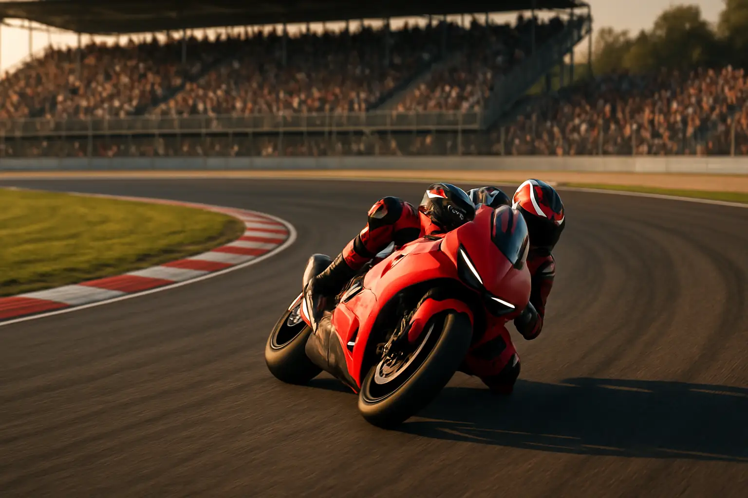 MotoGP motorcycle racing on track with grandstands in the background