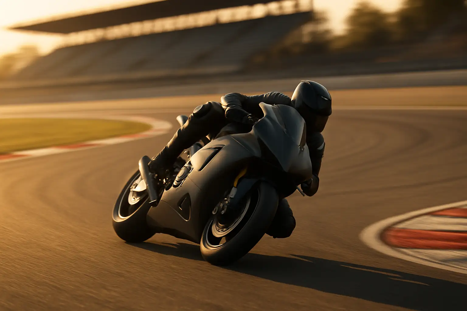 A MotoGP motorcycle leaning hard through a corner on a European circuit