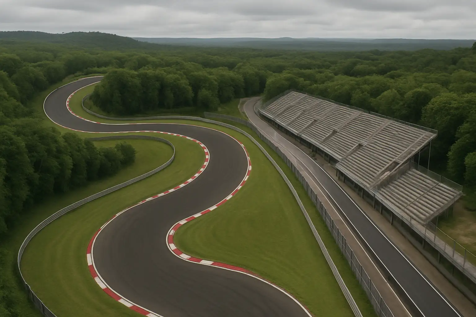 Aerial view of a tight motorcycle racing circuit surrounded by trees with empty grandstands