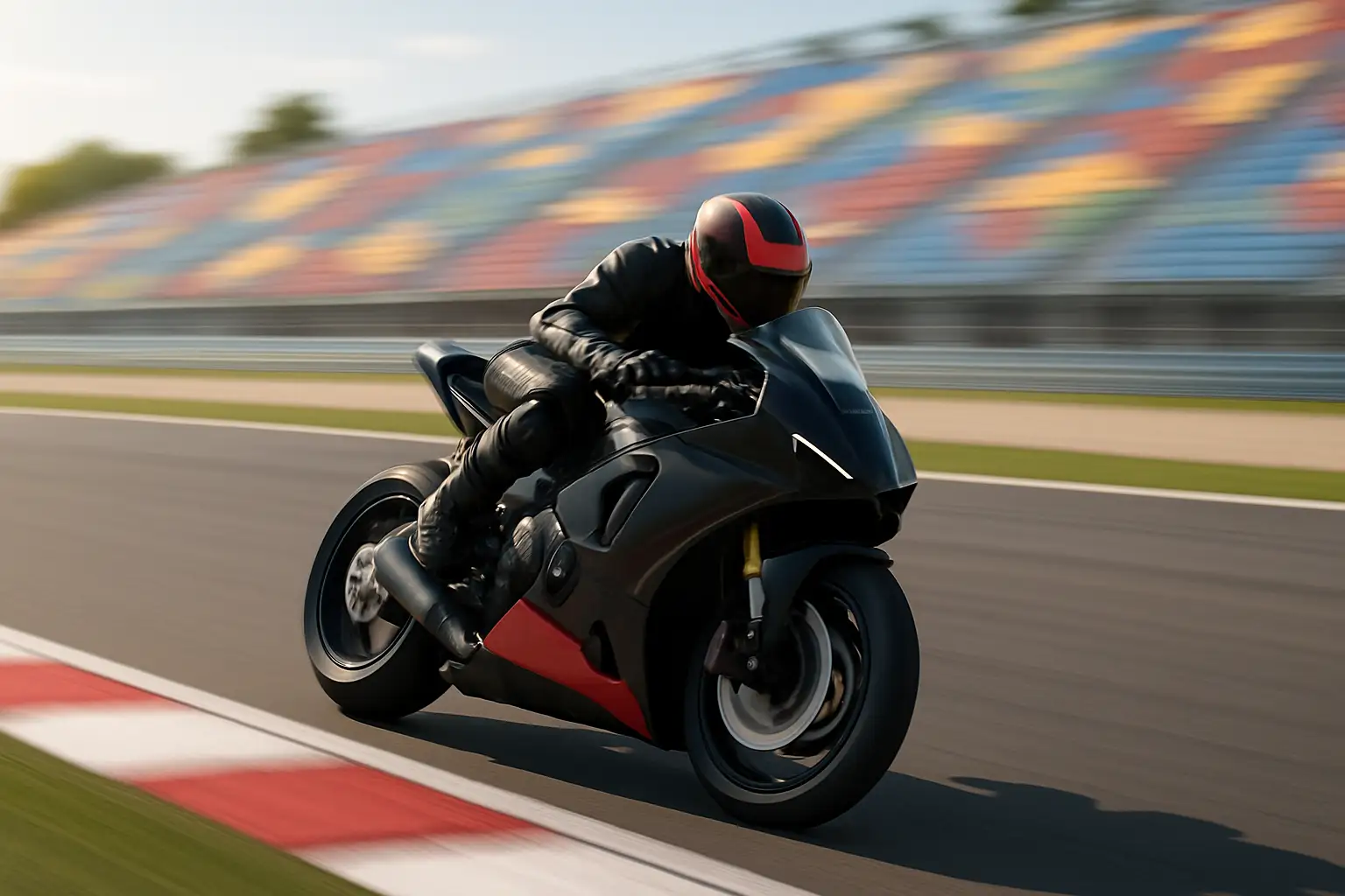 A MotoGP motorcycle on track with a blurred grandstand crowd in the background