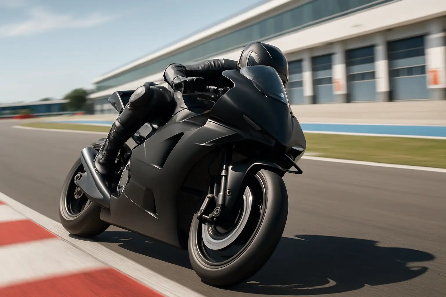 A MotoGP motorcycle leaning into a high-speed corner on a sunlit race circuit