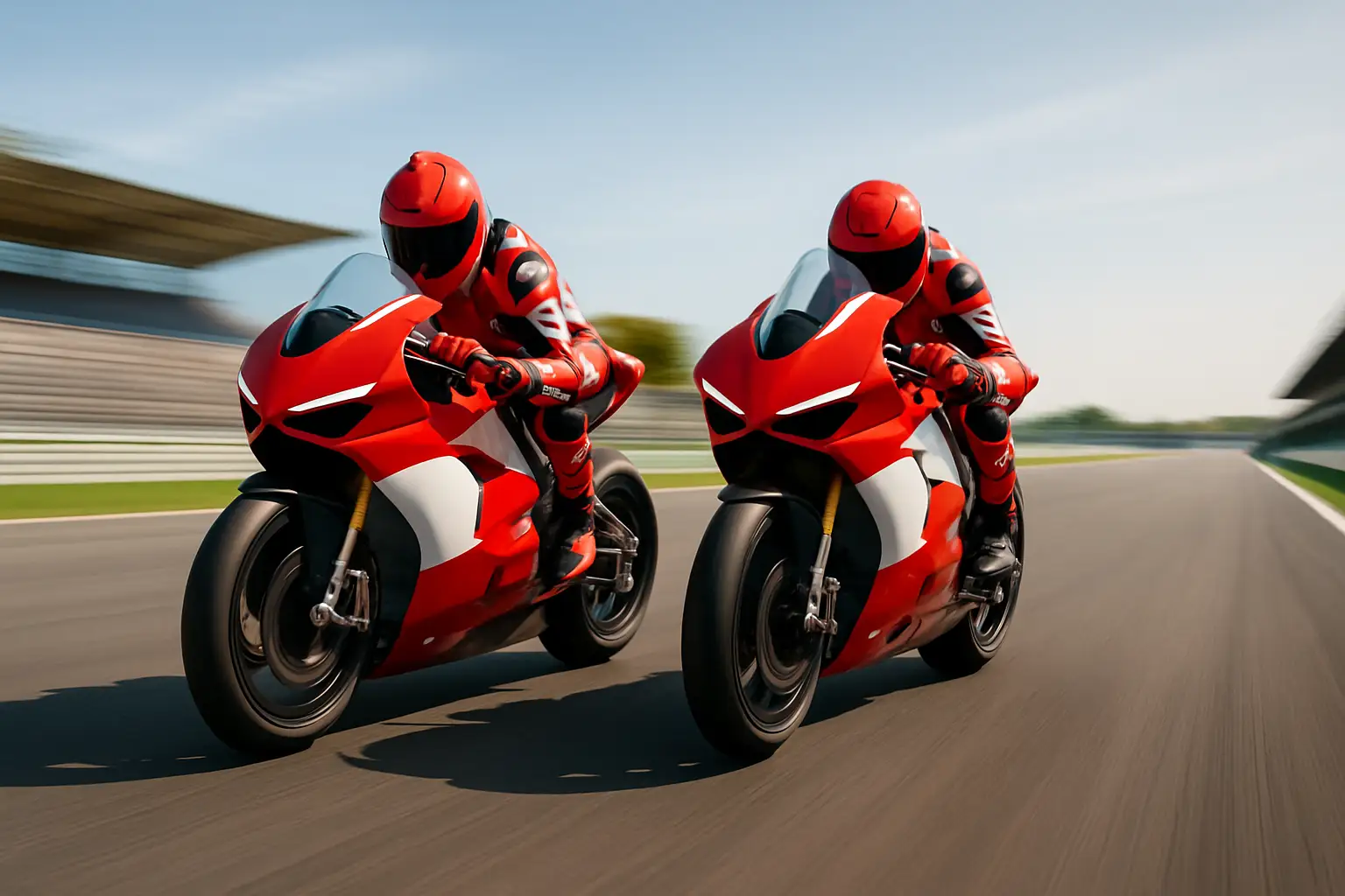 Two MotoGP racing bikes side by side on a circuit at speed, representing an intense team rivalry