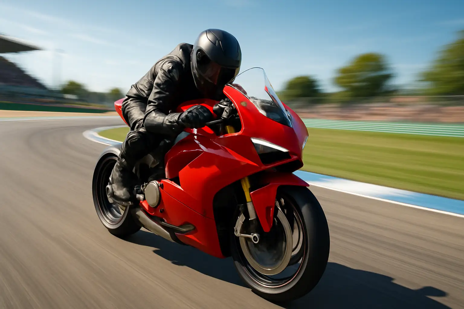 MotoGP rider leaning a Ducati superbike through a fast corner on a sunlit race circuit