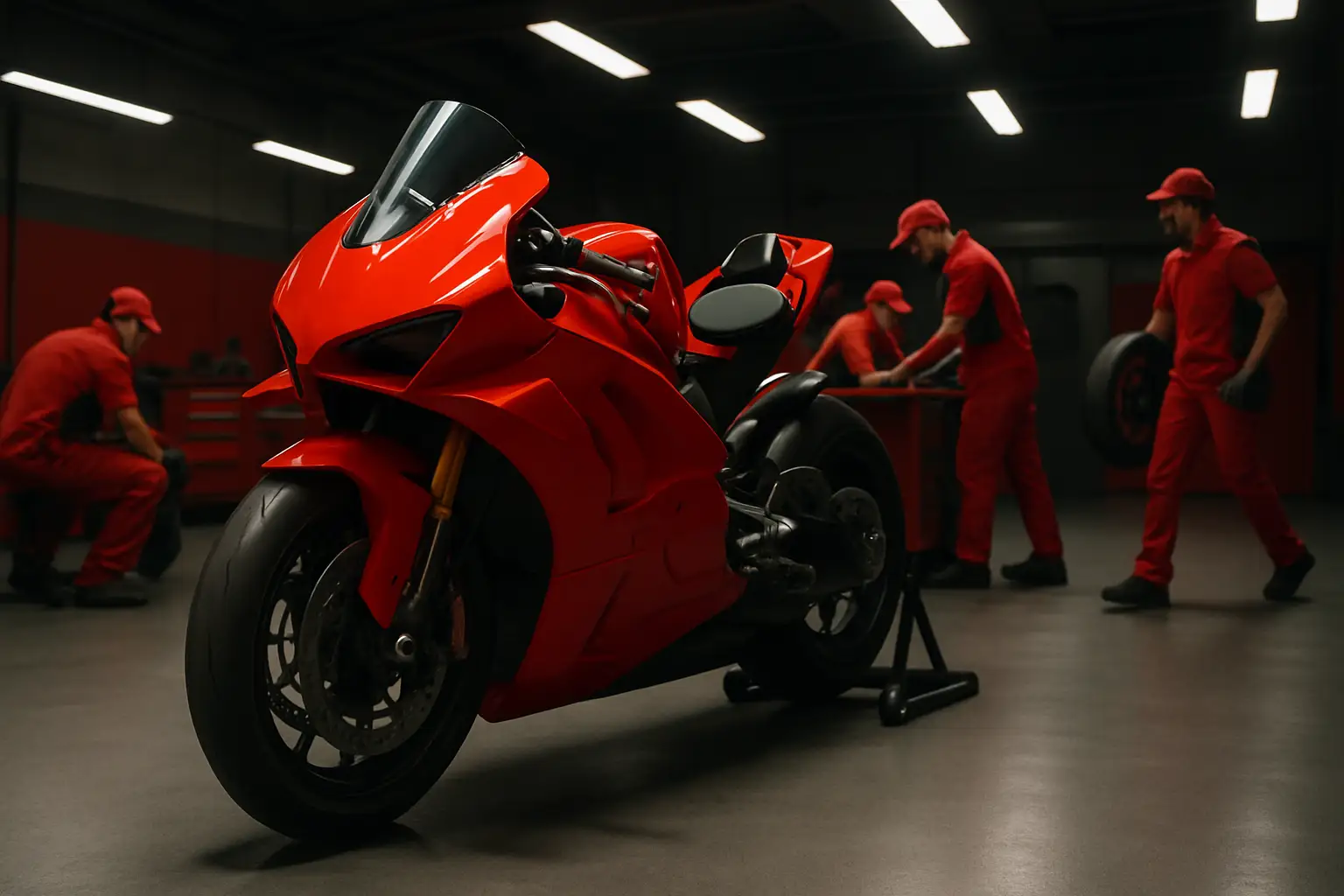 A MotoGP factory racing motorcycle on a pit lane, surrounded by mechanics in team gear