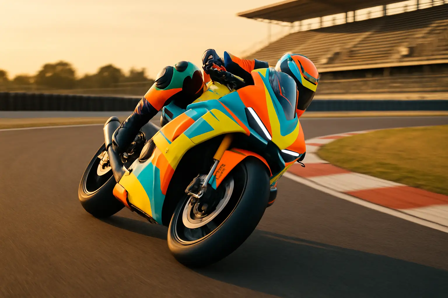 A MotoGP motorcycle leaning through a corner at speed on a sunny race circuit