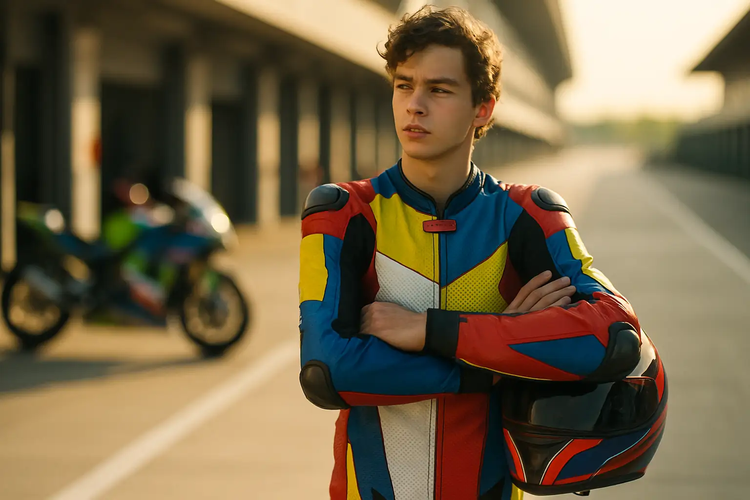 MotoGP rider in racing leathers giving a thumbs up gesture on pit lane