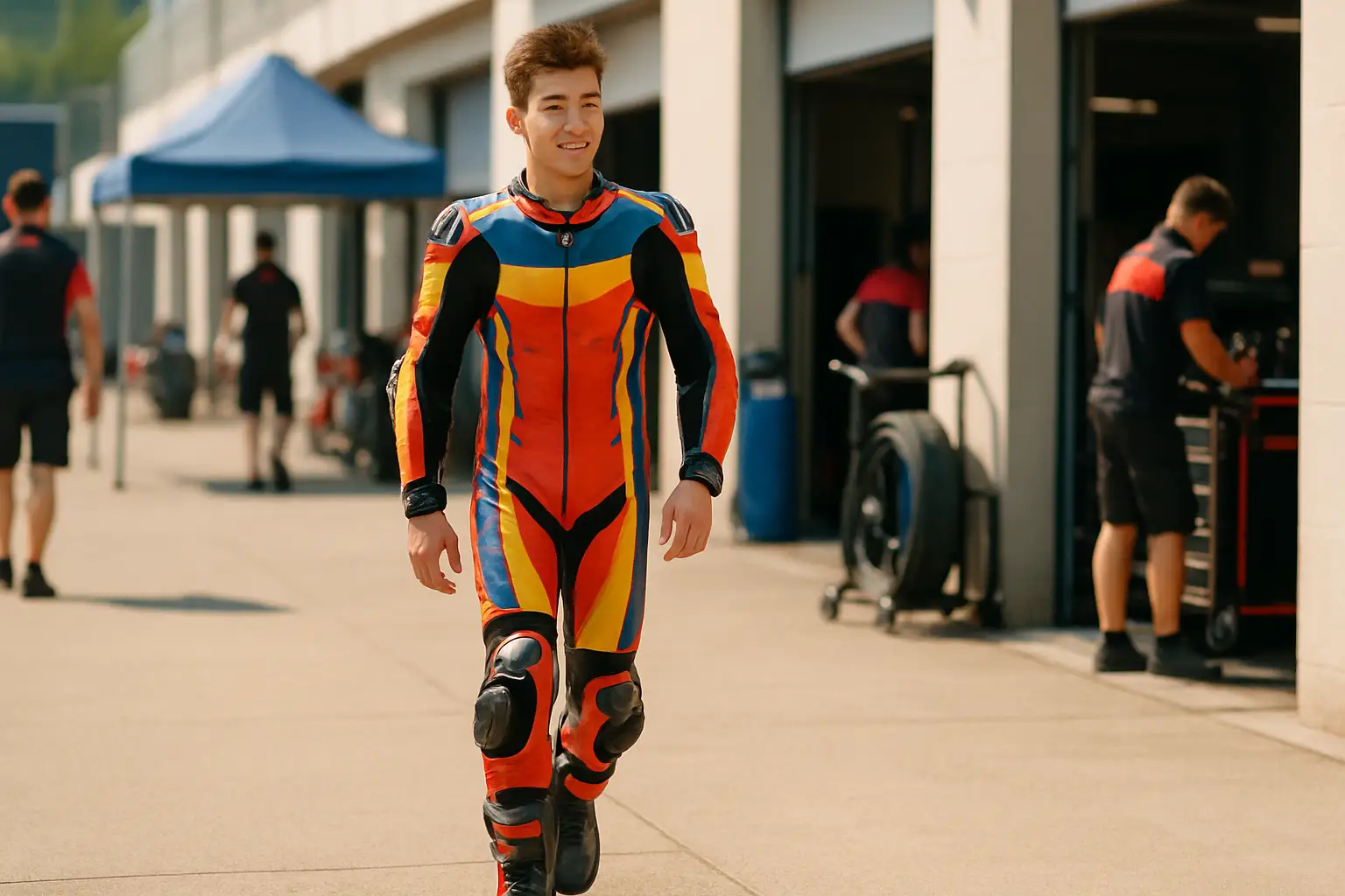 A young MotoGP rider in racing leathers walking through a busy paddock looking relaxed and smiling