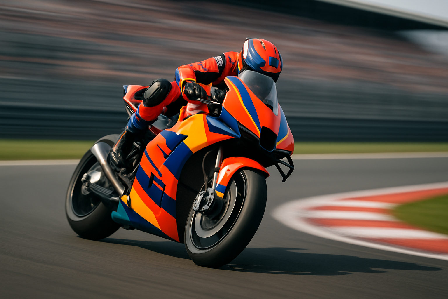 A MotoGP motorcycle leaning hard through a corner on a race circuit