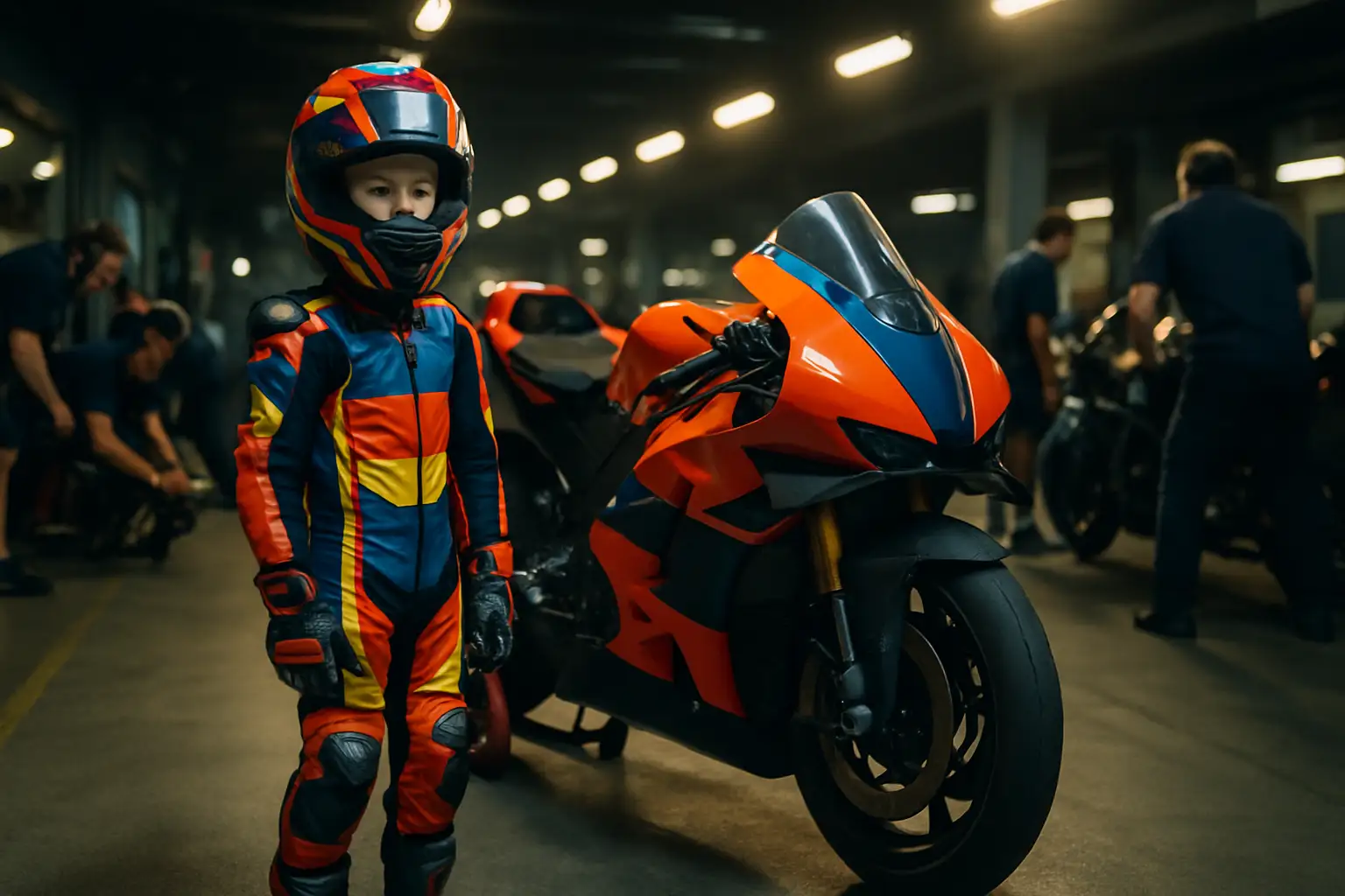 Young MotoGP rider in full racing leathers and helmet preparing in the pit lane, focused expression