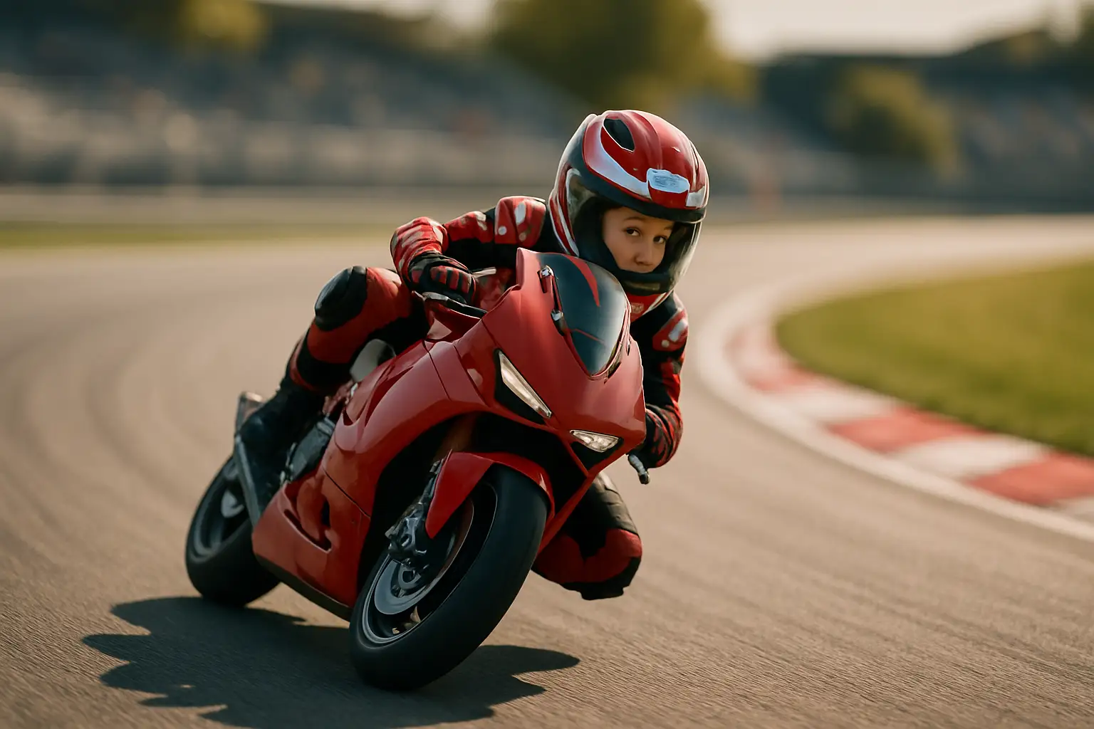 MotoGP rider on a racing motorcycle leaning through a corner on a circuit