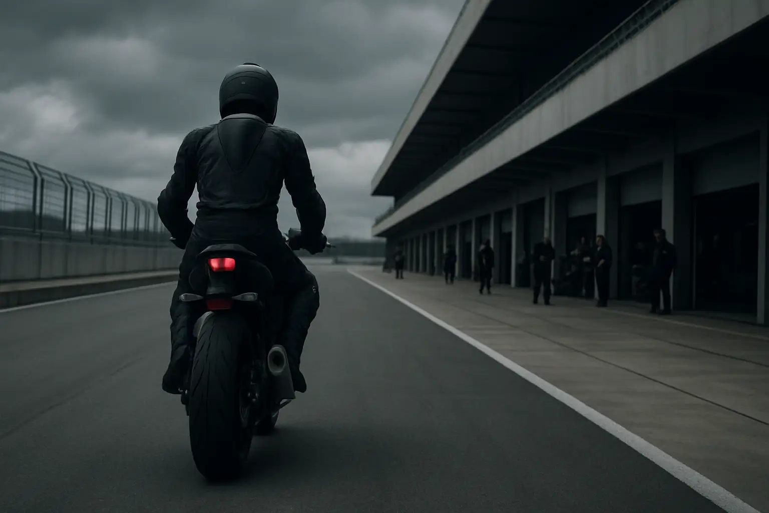 A MotoGP motorcycle pulling off a racing circuit with a mechanic waiting on the pit lane wall