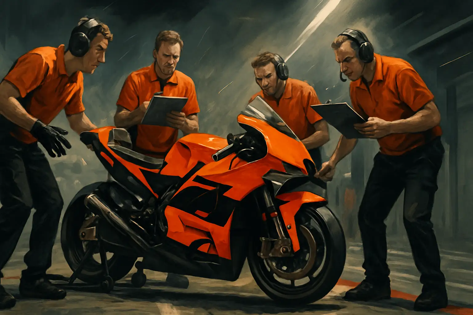 A MotoGP motorcycle on a race track with a team of mechanics working urgently in the pit lane