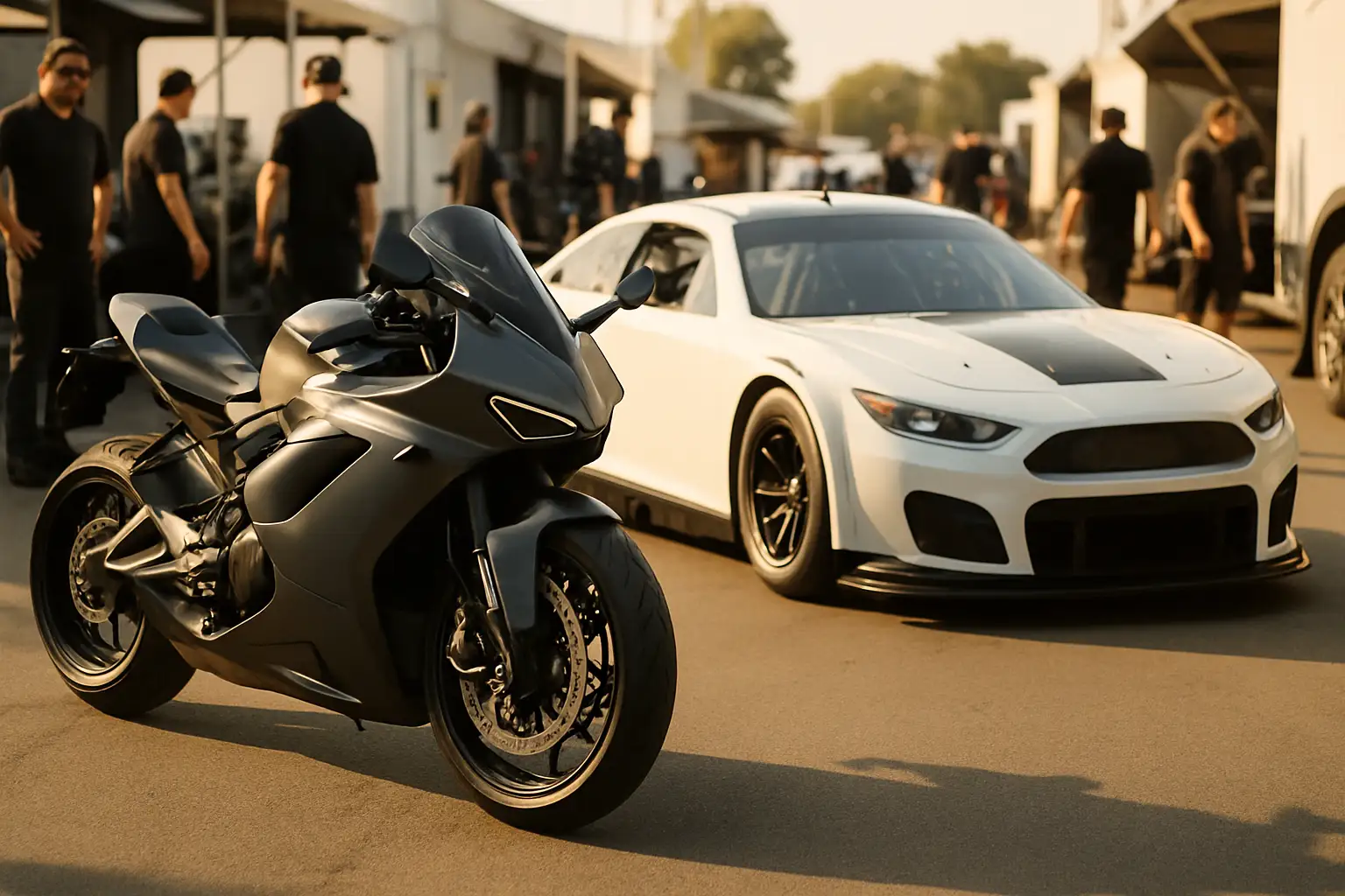 A MotoGP motorcycle and a NASCAR stock car parked side by side in a paddock setting