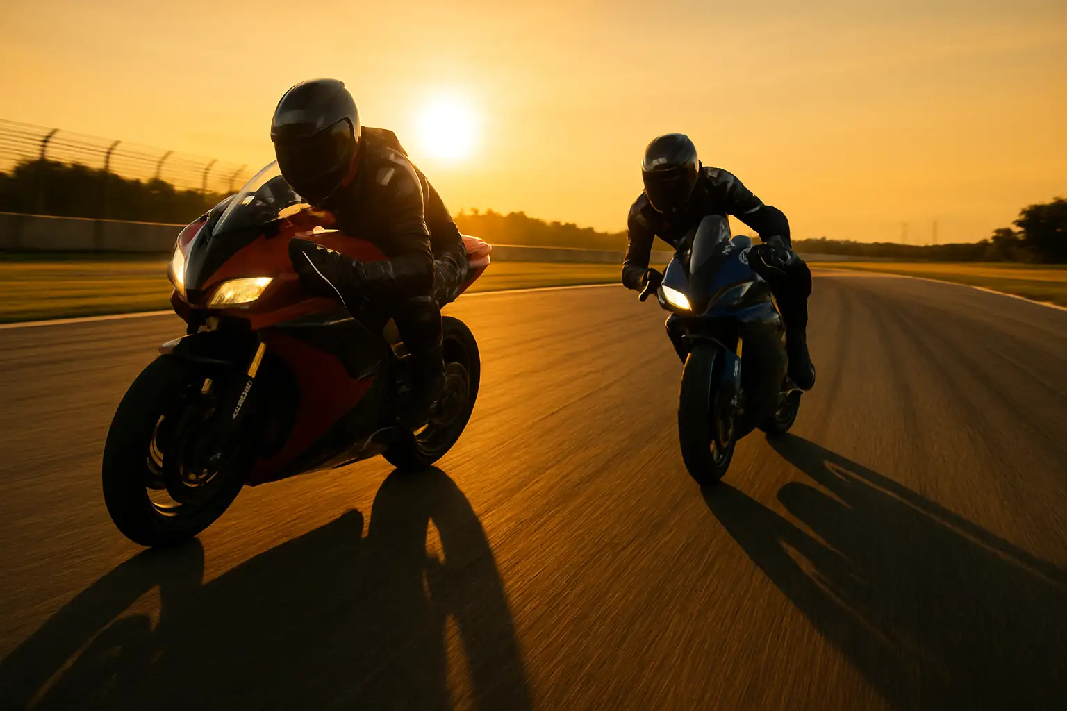 MotoGP rider leaning through a fast corner at dusk with a blurred rival closing in behind