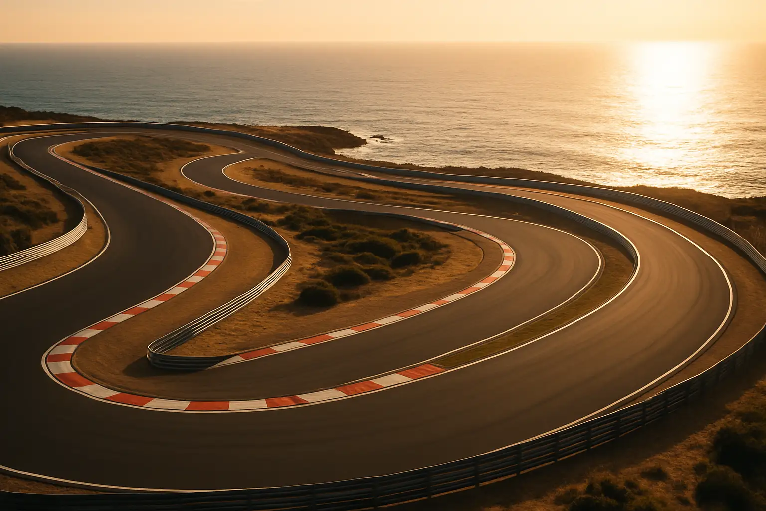 Aerial view of a coastal motorsport circuit with sweeping corners and ocean backdrop