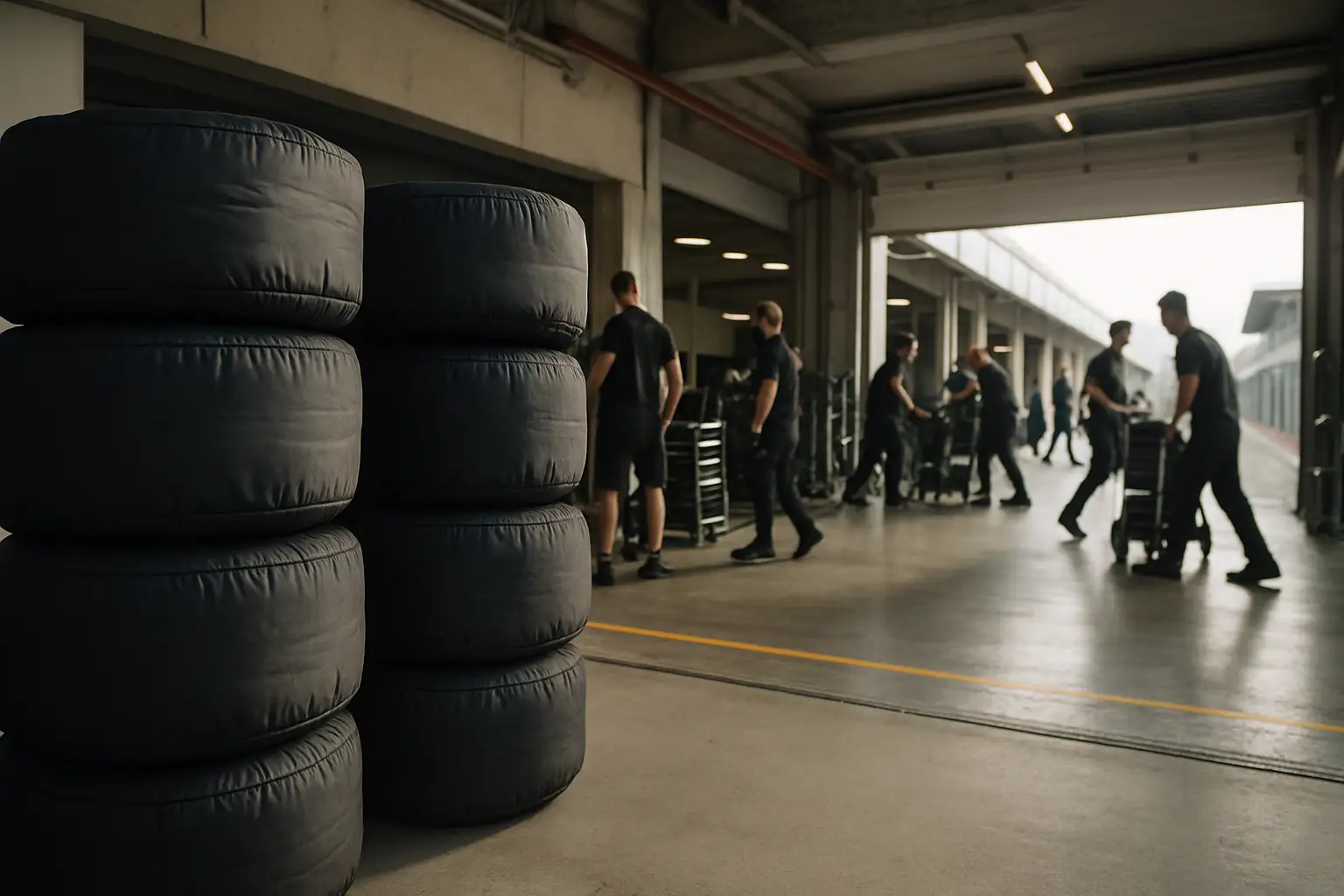Tyre equipment and team personnel in a MotoGP paddock garage at a European circuit