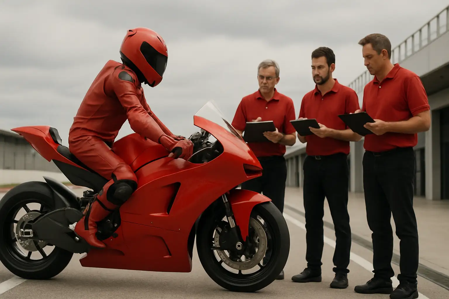 A MotoGP test rider on a red racing motorcycle at a circuit during a private test session