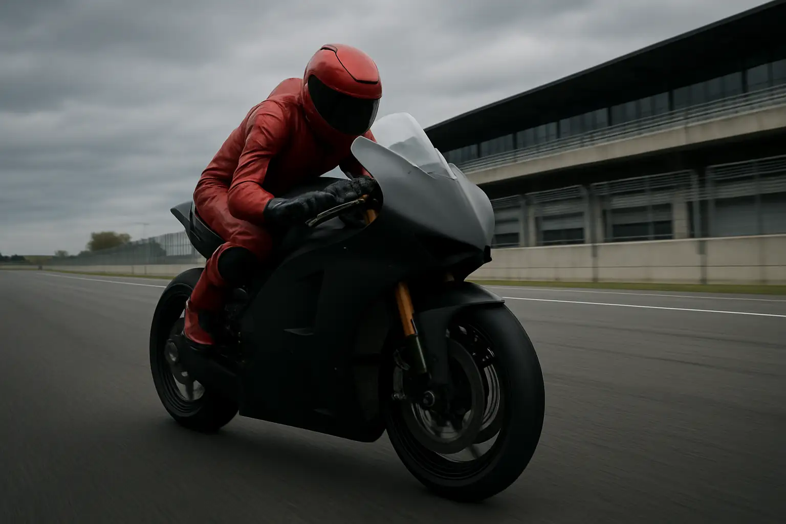 A MotoGP test rider on a red prototype motorcycle at a circuit during a testing session