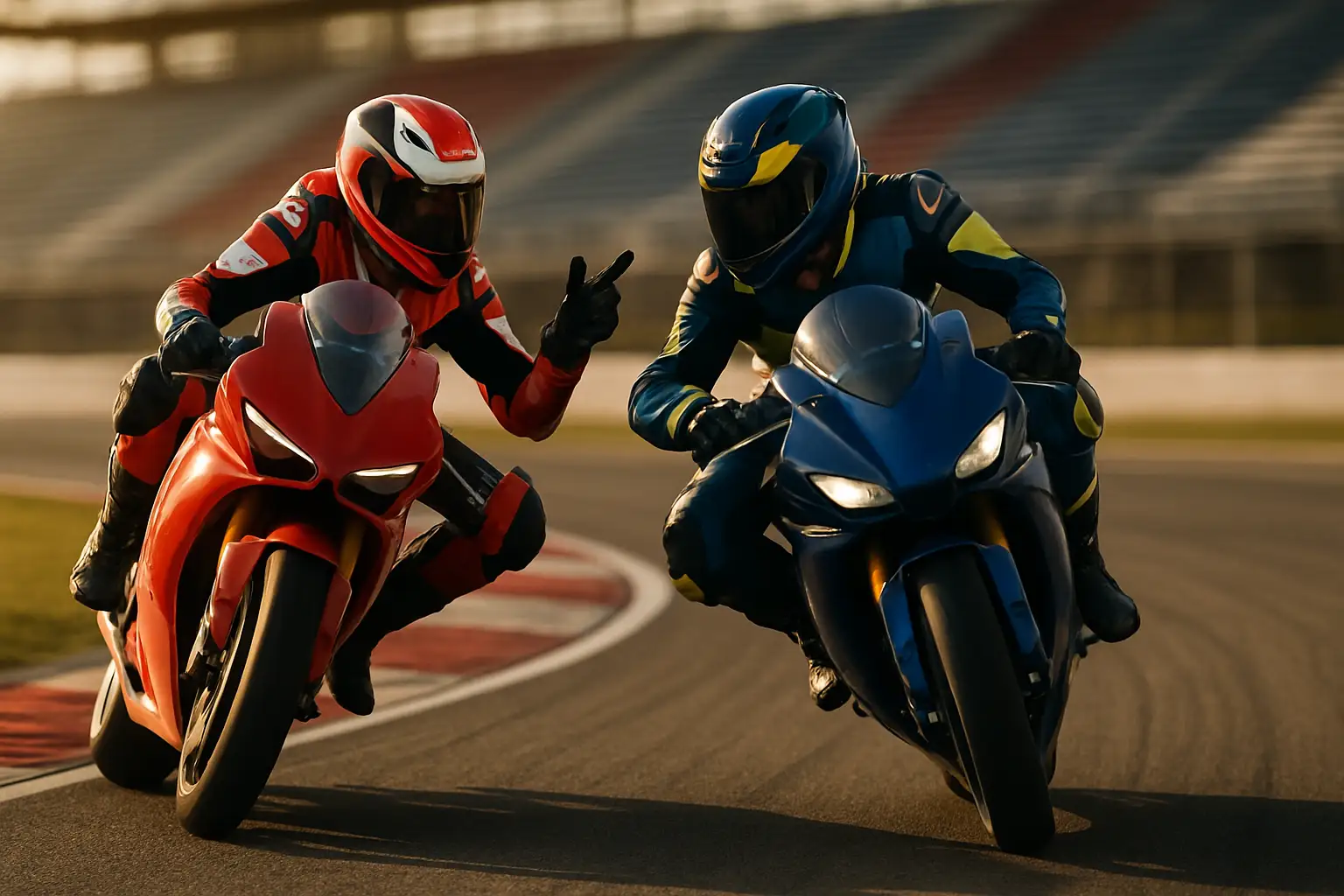MotoGP riders on track during an intense race moment with a packed grandstand in the background