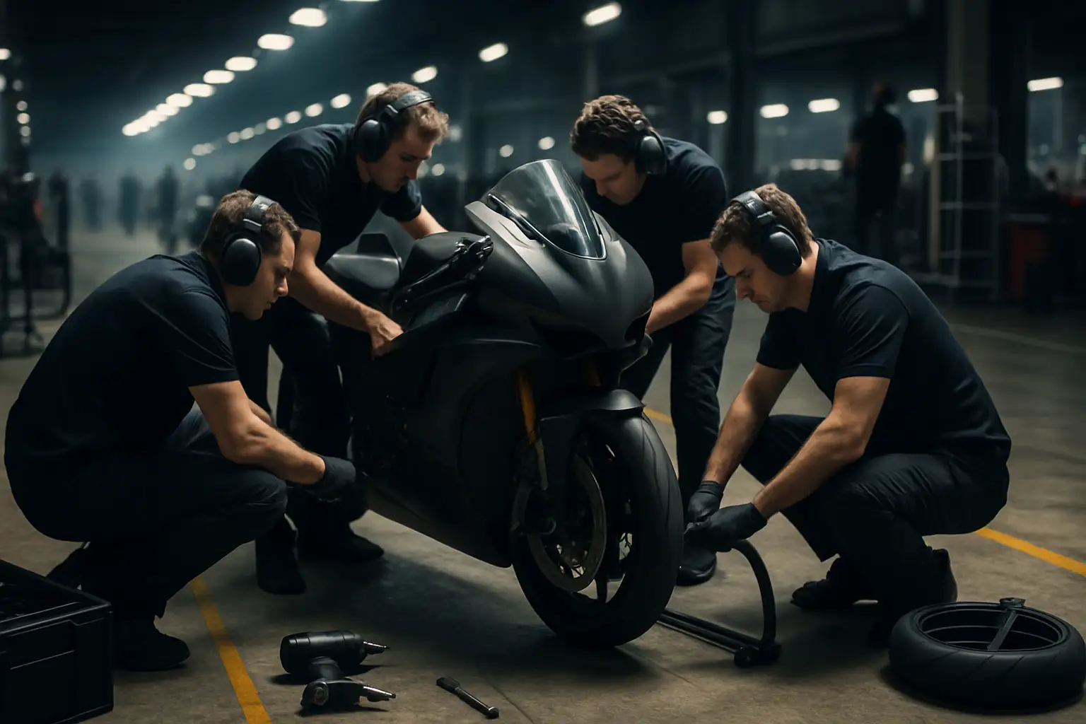 MotoGP pit lane with mechanics working on a racing motorcycle in the paddock