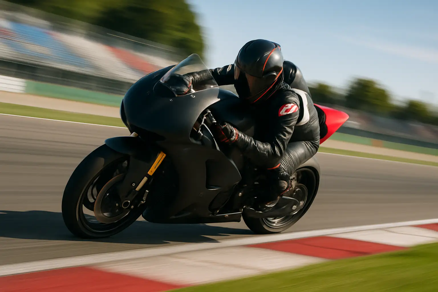 A MotoGP rider leaning a prototype motorcycle through a fast corner on a race circuit
