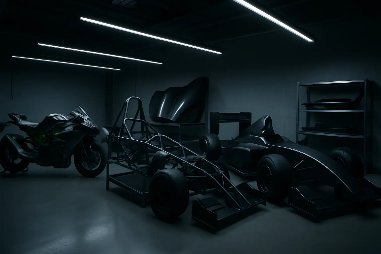 MotoGP and Formula 1 team garage equipment side by side in a modern motorsport facility