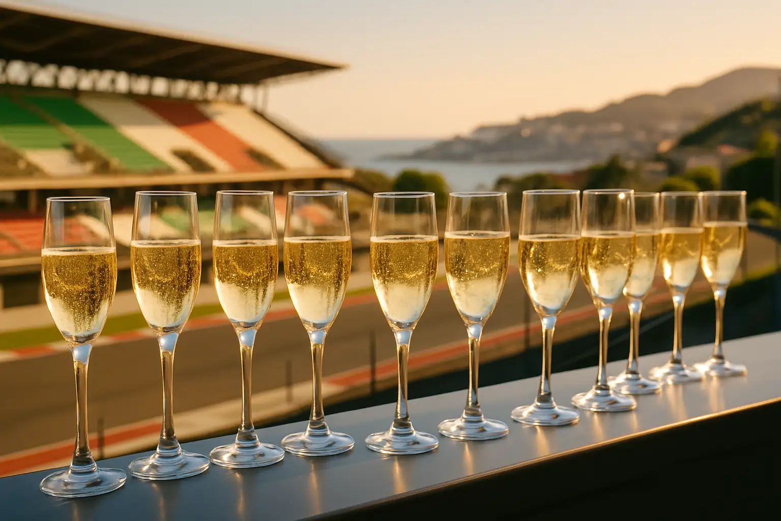 Prosecco glasses in front of a motorsport circuit grandstand with Italian flags