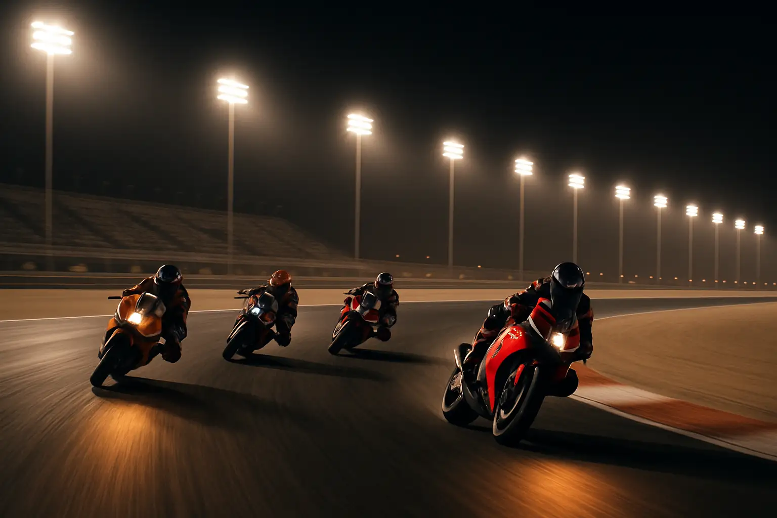 MotoGP bikes racing under floodlights at a desert circuit at night
