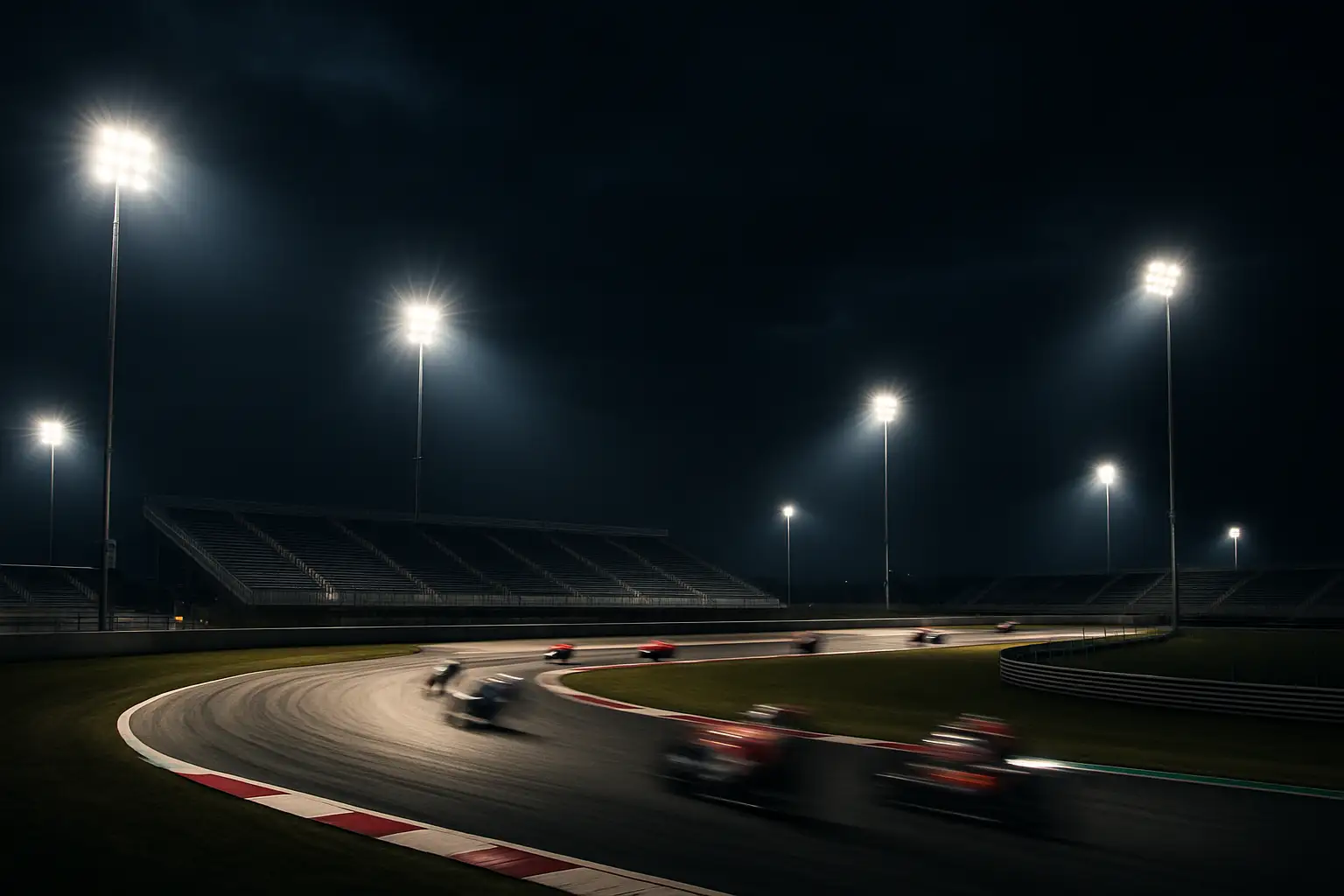 MotoGP bikes racing under floodlights at a night grand prix circuit