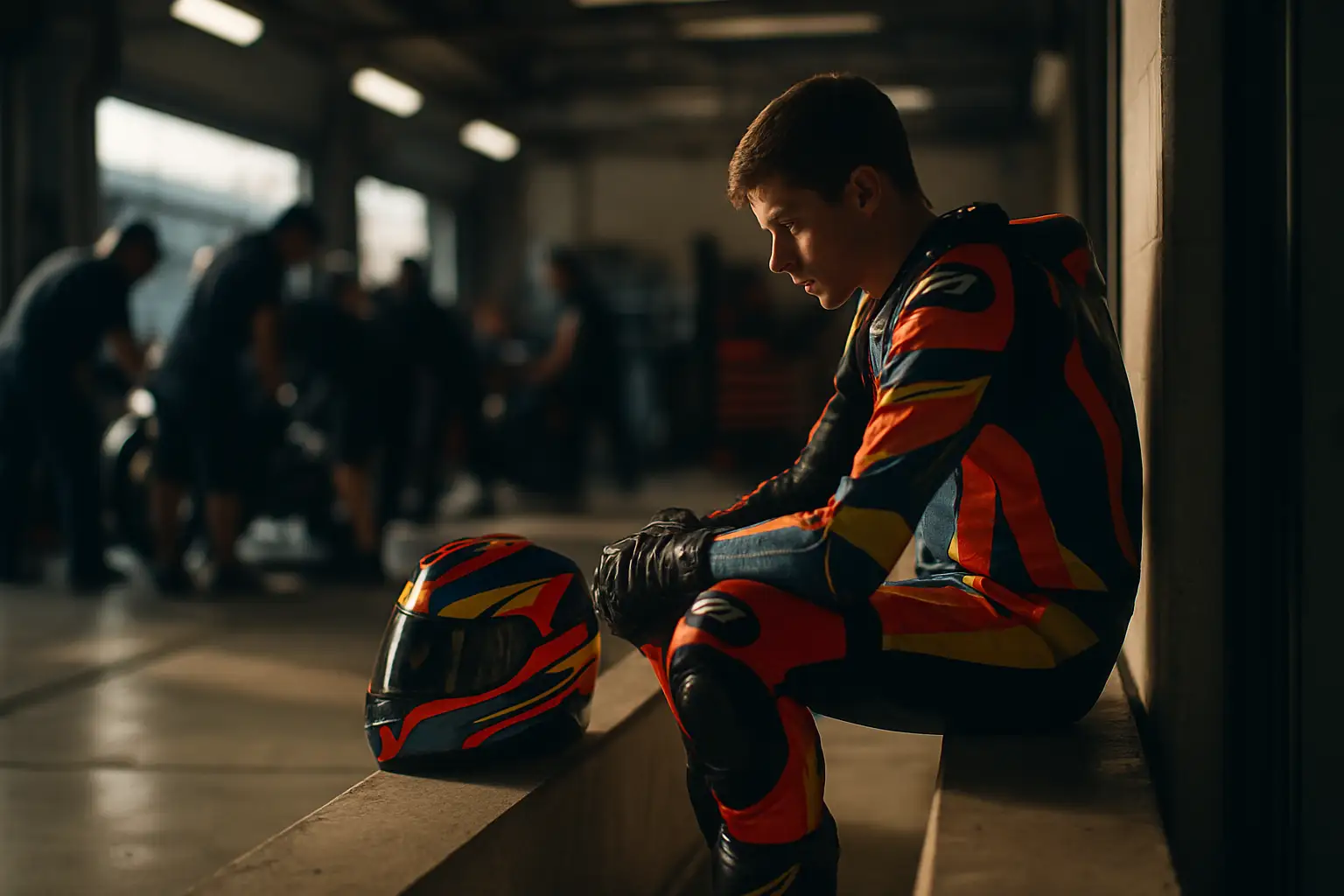 MotoGP rider in racing leathers sitting thoughtfully in a pit garage surrounded by motorcycle components