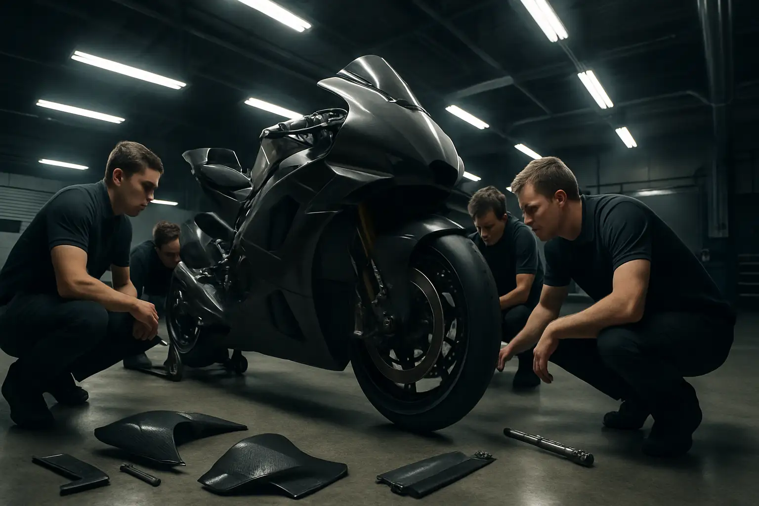 A MotoGP factory garage with mechanics working on a prototype race bike under bright lights