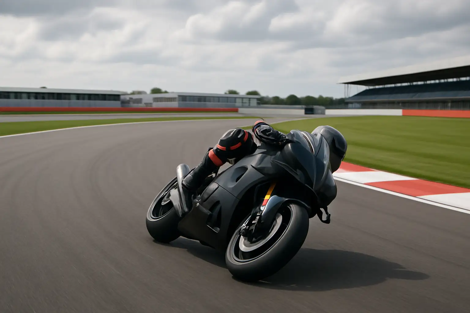 MotoGP rider leaning into a fast corner at a British circuit during a sunny race day