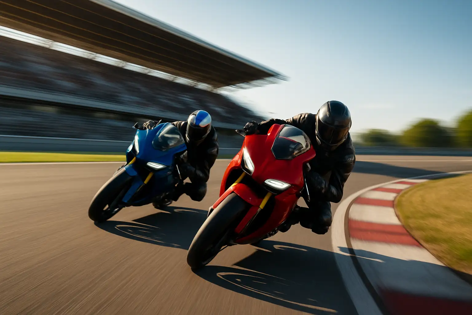 Two MotoGP riders on track during a race, leaning into a corner at high speed