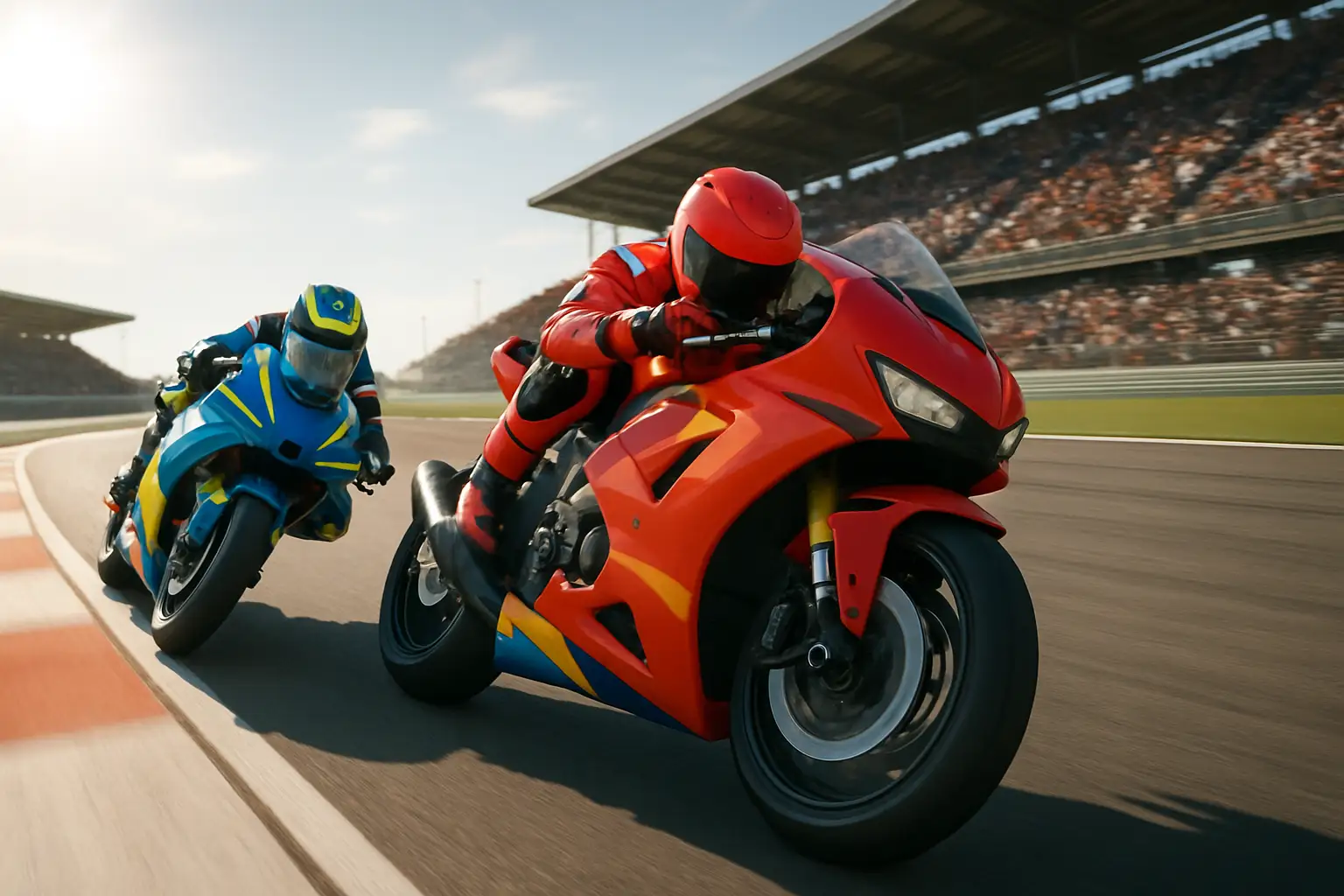 Two MotoGP motorcycles racing side by side on a circuit with a grandstand in the background