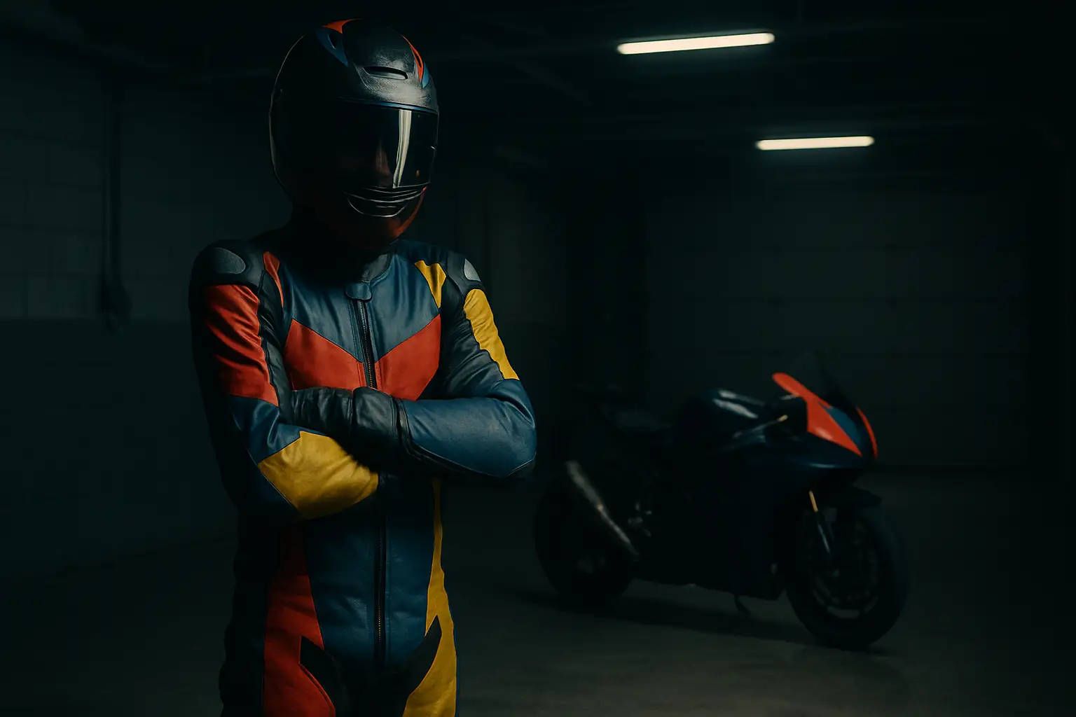 A MotoGP rider in racing leathers standing beside a motorcycle in a paddock garage looking reflective